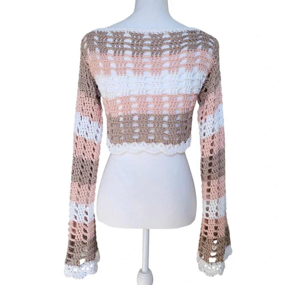 Handmade Crochet Boat Neck Bell Sleeve Crop Top | Festival Fairy Boho Mesh Top